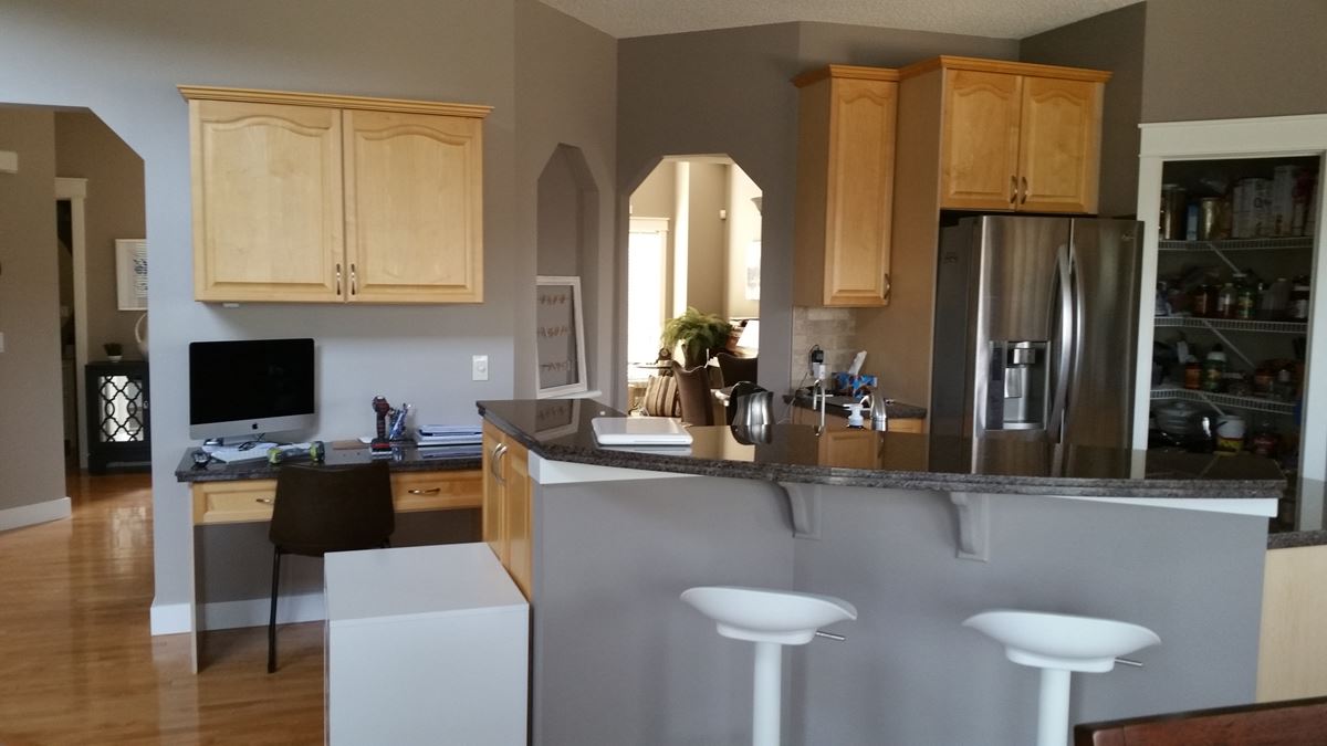 Yellow maple kitchen and island before painting