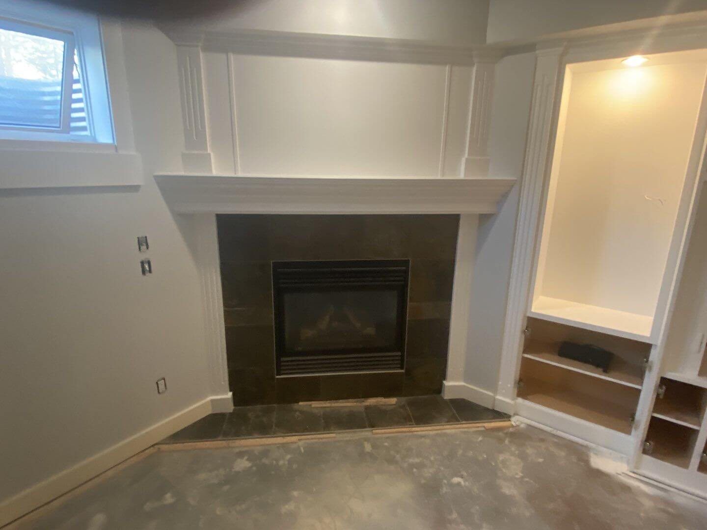 Modern white painted fireplace mantel SW Calgary