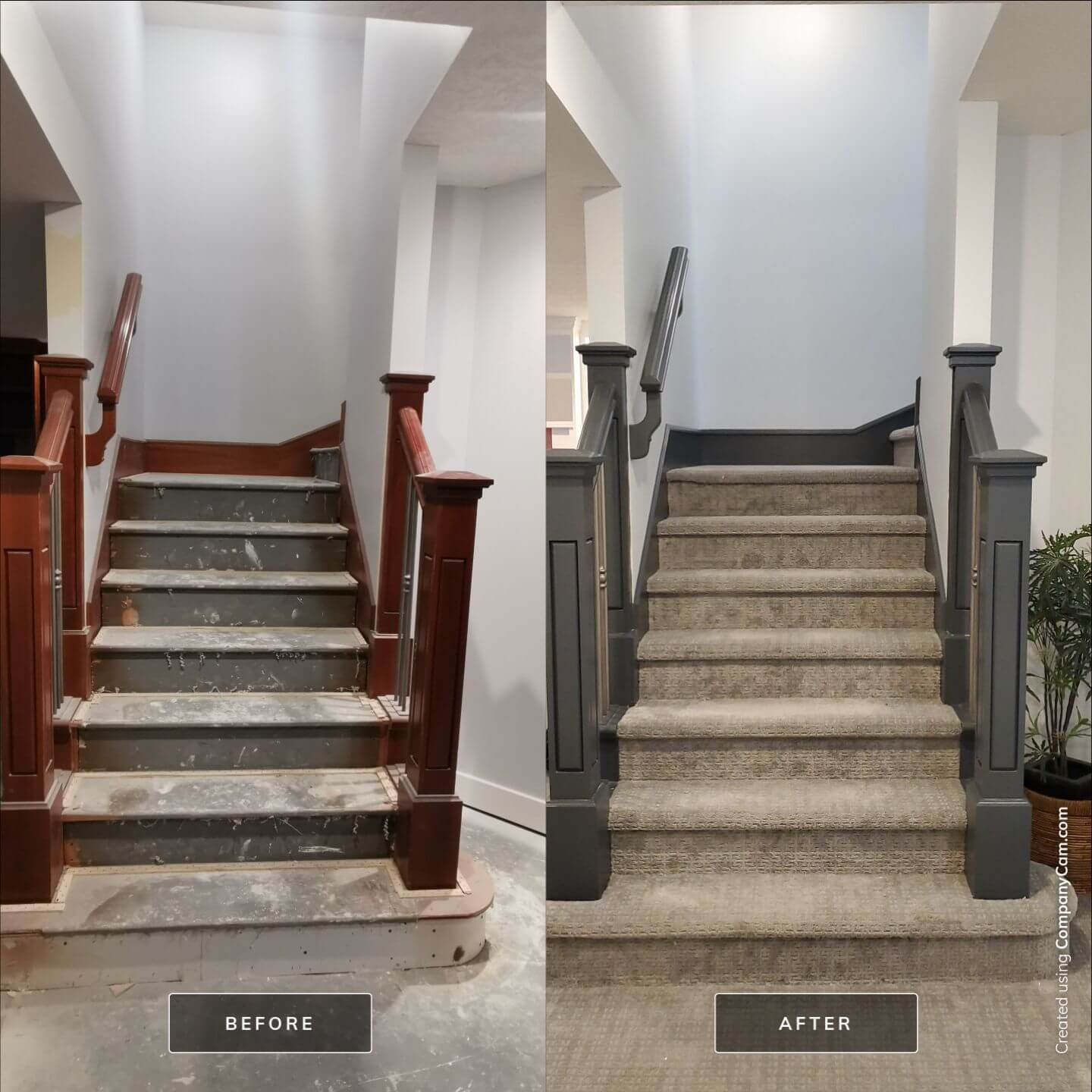 Before and after cherry stain to dark grey painted banister rail