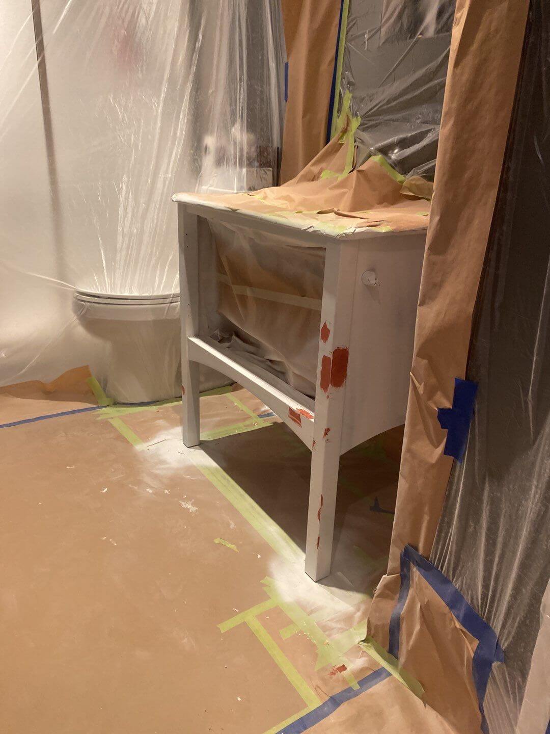 Small bathroom vanity primed and filled ready for sanding