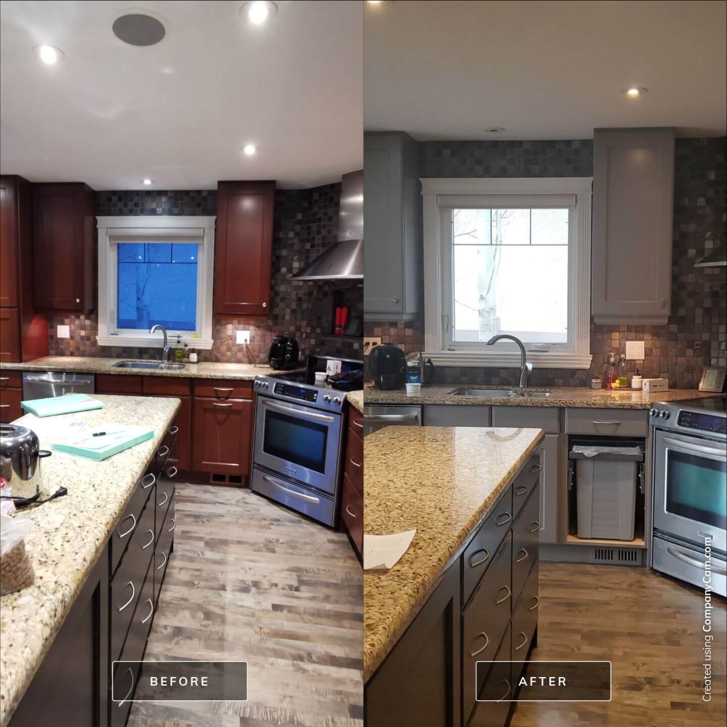 Before and after painted kitchen in NE Calgary