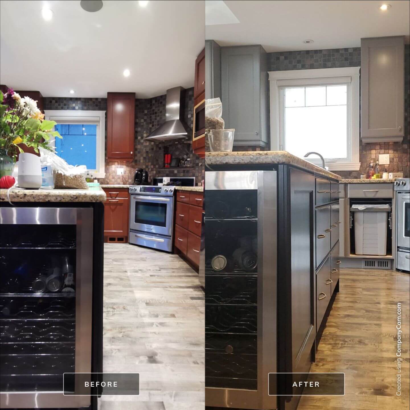 Before and after grey painted kitchen in NE Calgary