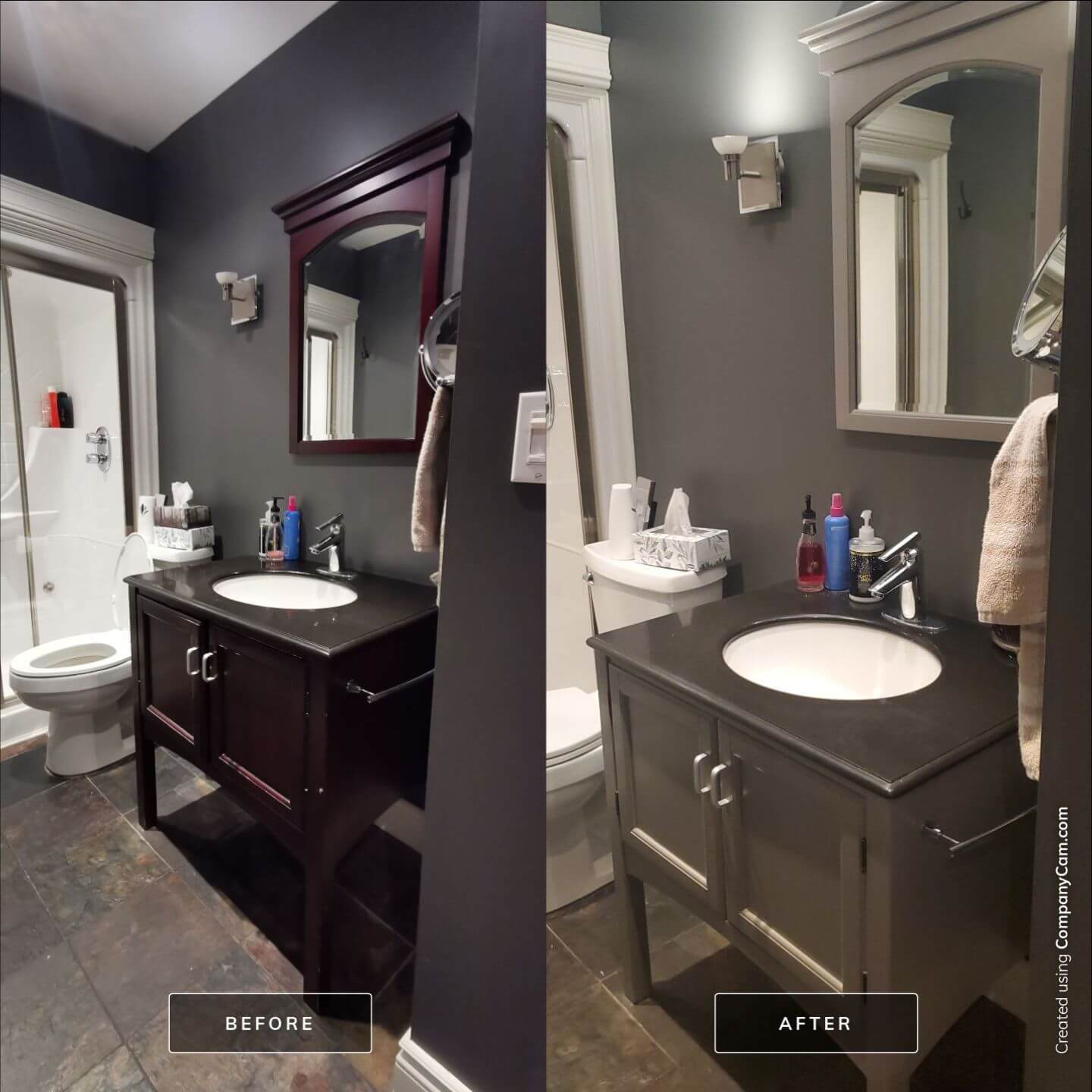 Dark burgundy stained wood to painted grey bathroom vanity