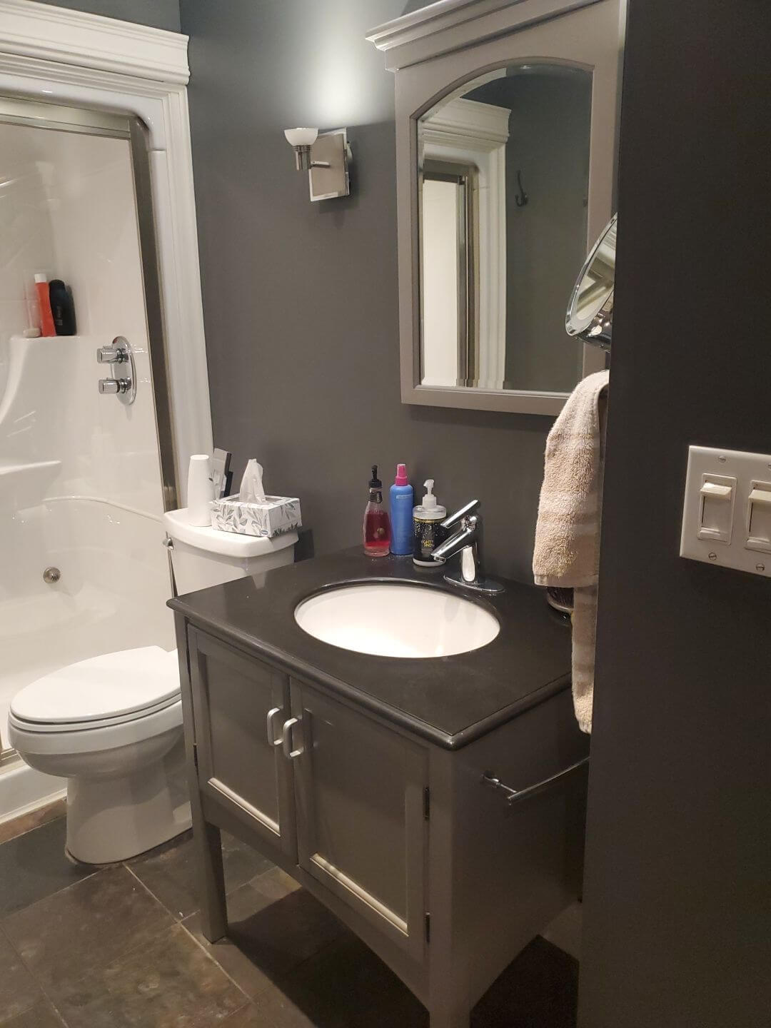 Chic painted grey vanity in NE Calgary