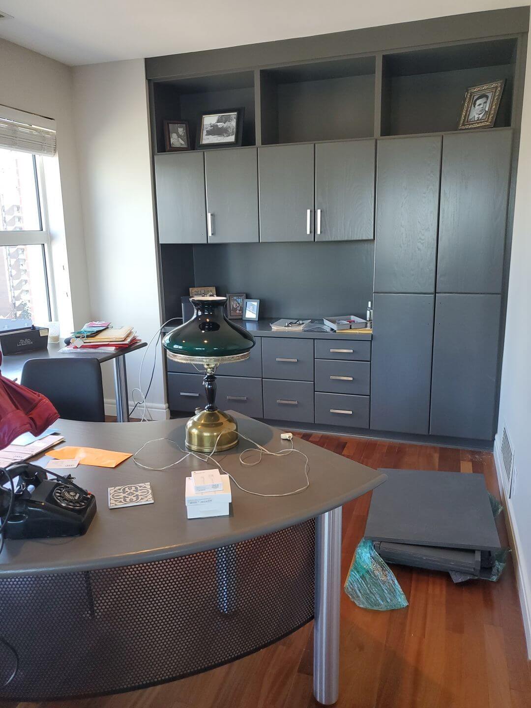 Downtown condo office built-in painted dark grey