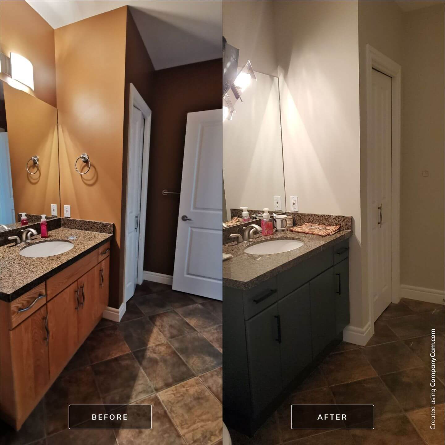 Before and after downtown Calgary painted bathroom cabinets