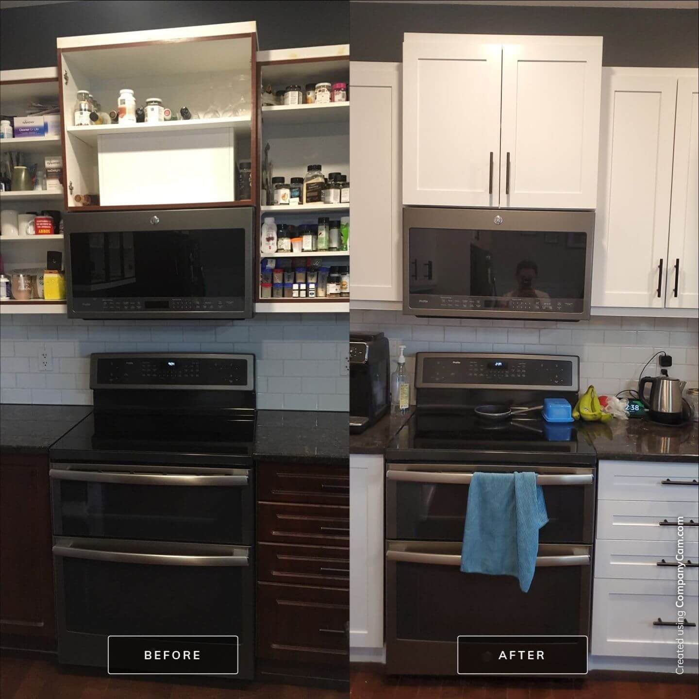 Bright white painted cabinetry black accent hardware before and after