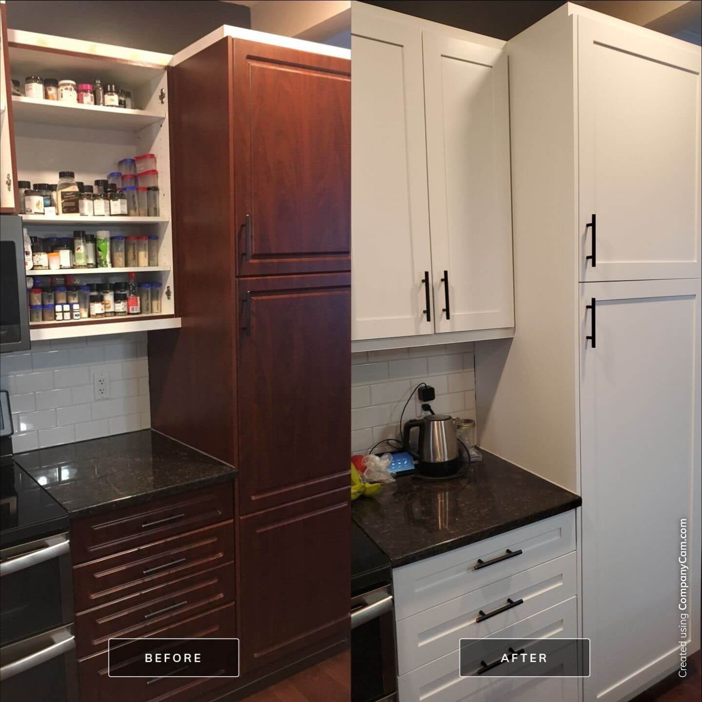 Before and after dark cherry stain to painted white cabinetry