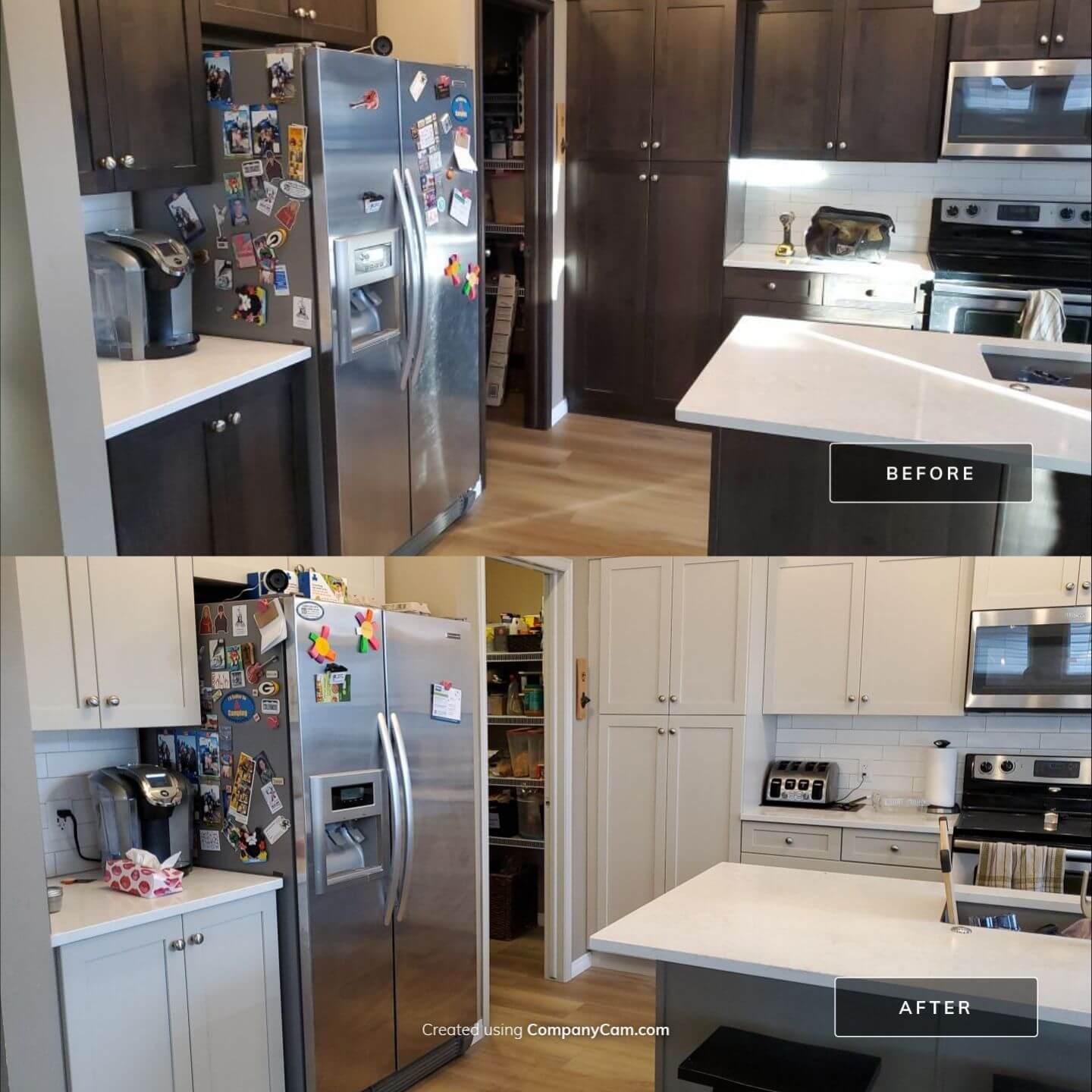 Dark stain to light grey before and after painted kitchen