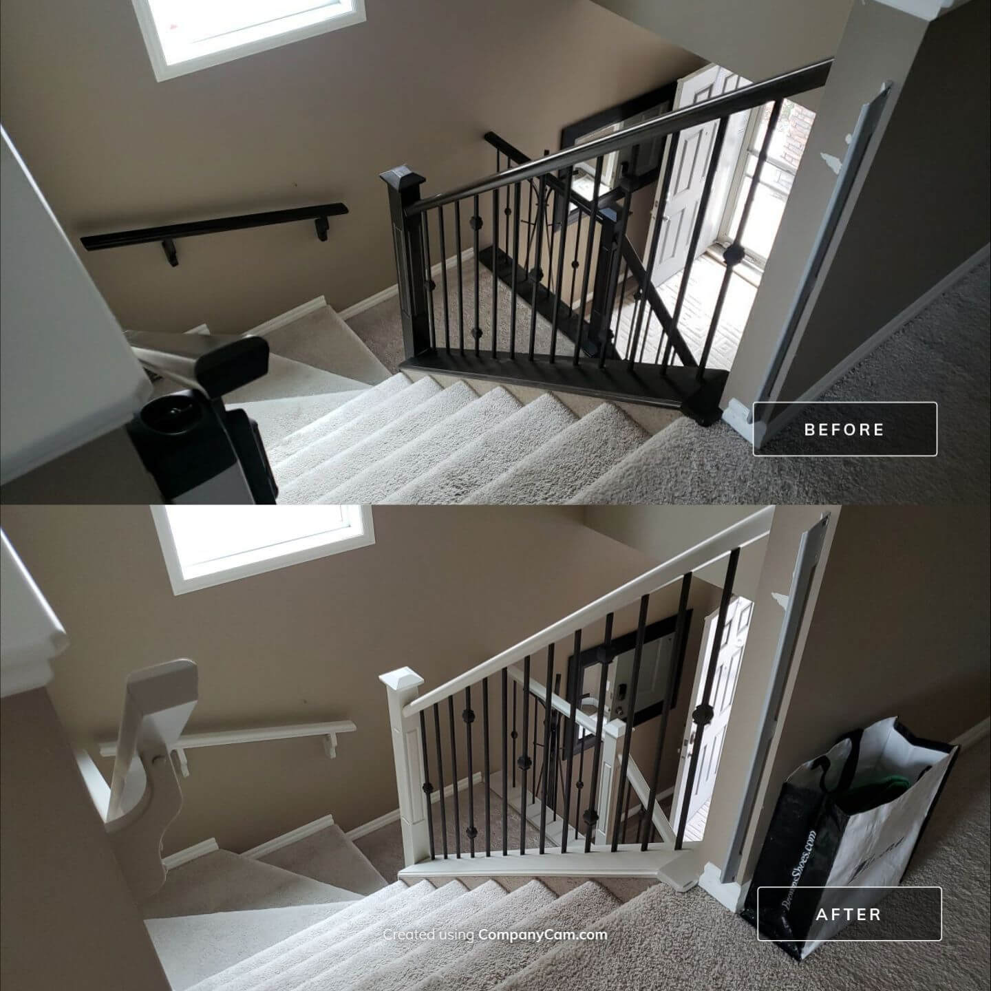 Before and after modern white painted banister rail