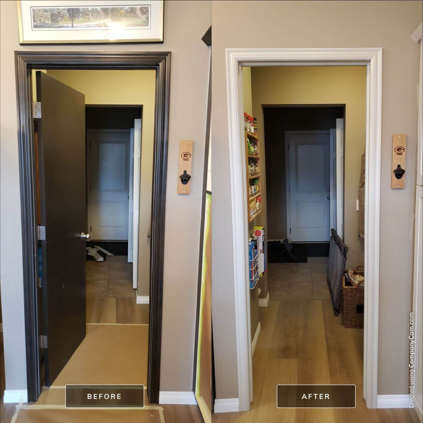 Before and after dark to light grey painted pantry frame