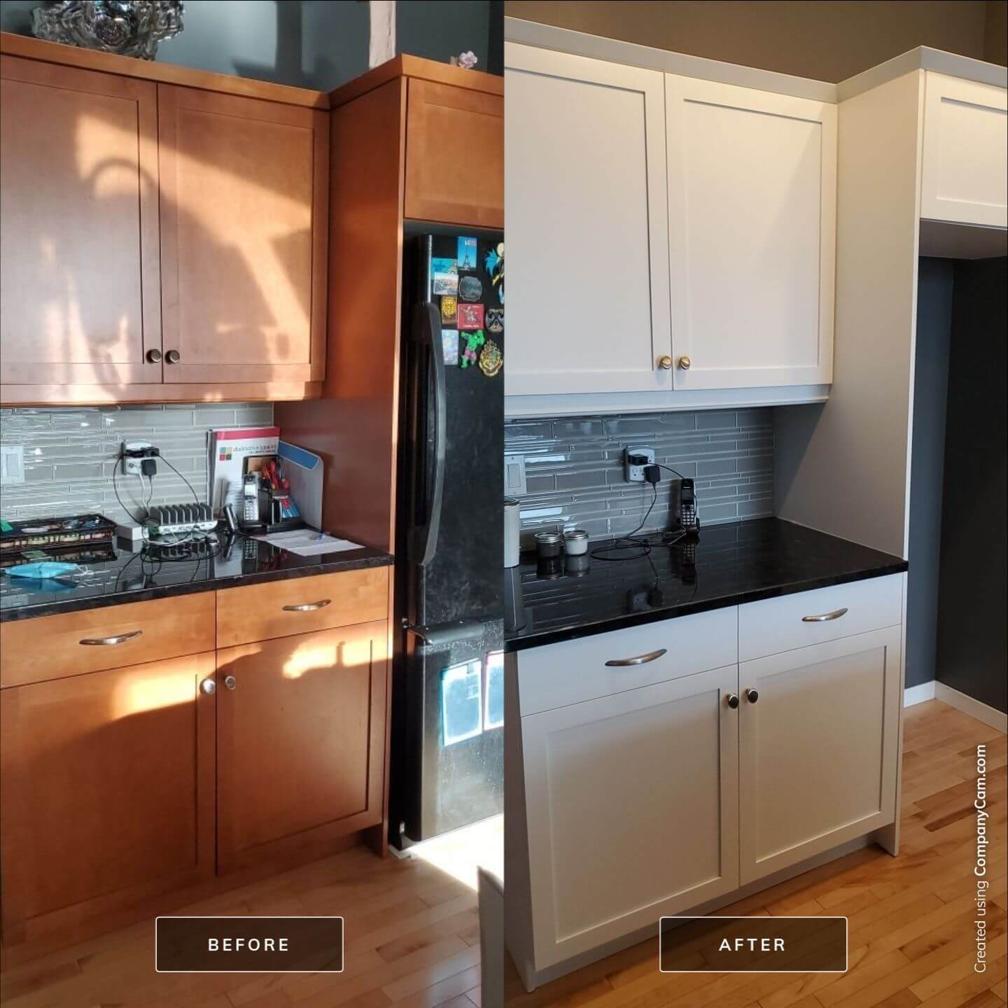 Before and after orange maple to modern white painted cabinets