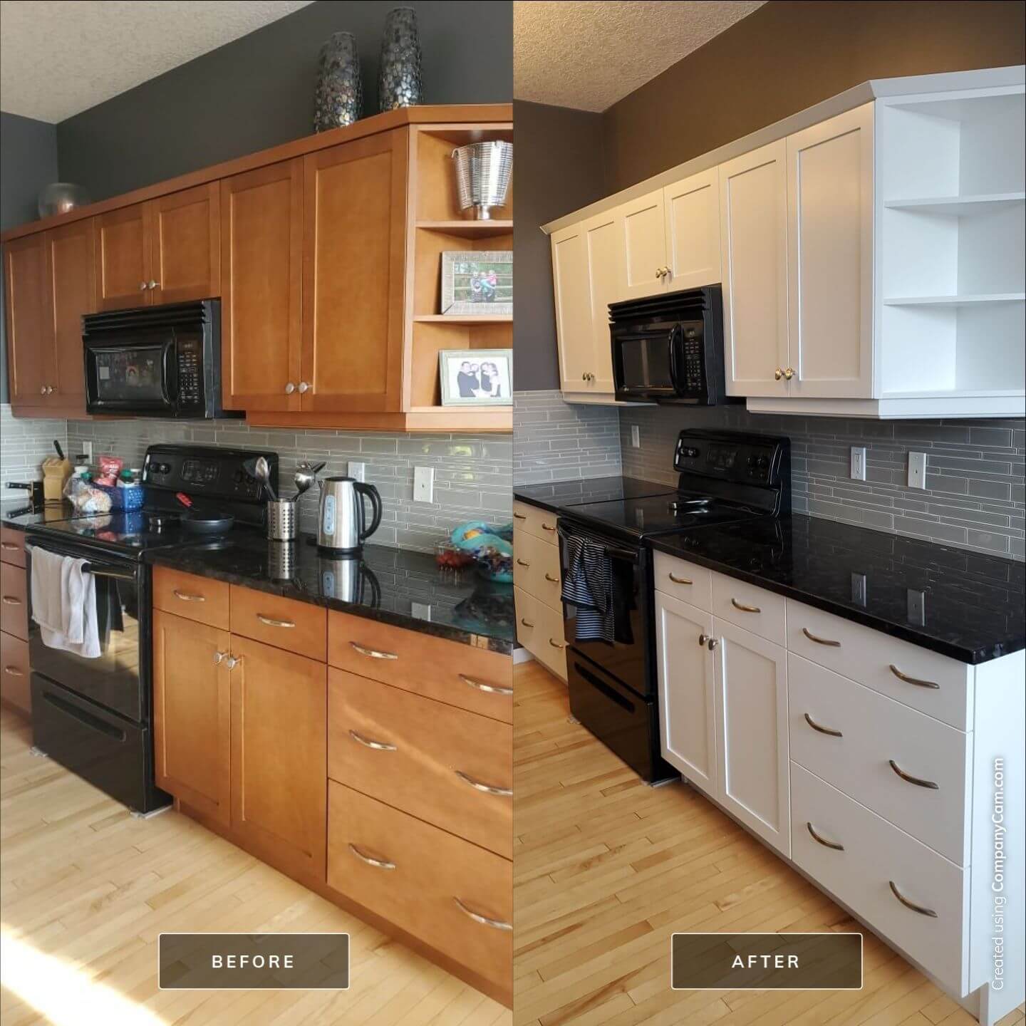 Before and after natural maple to modern white painted cabinets