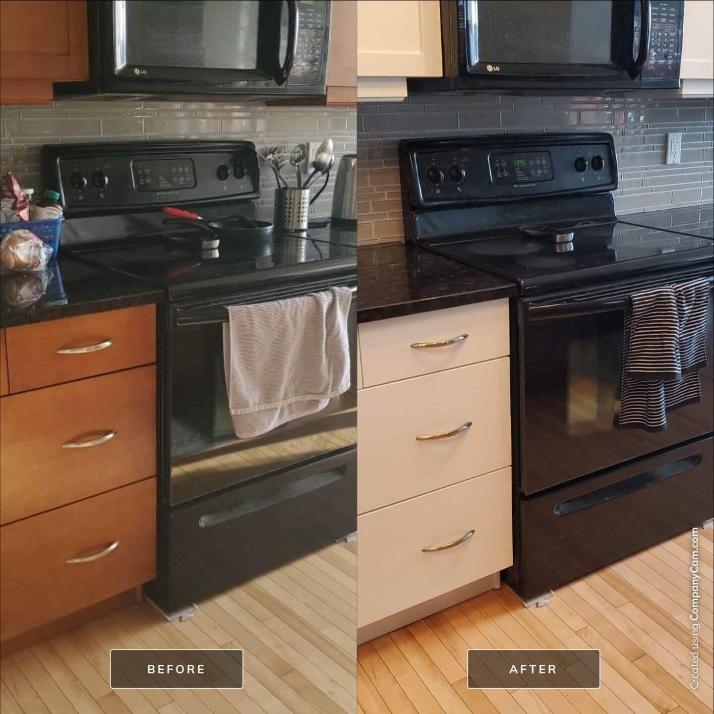 Before and after orange maple to painted white drawer fronts