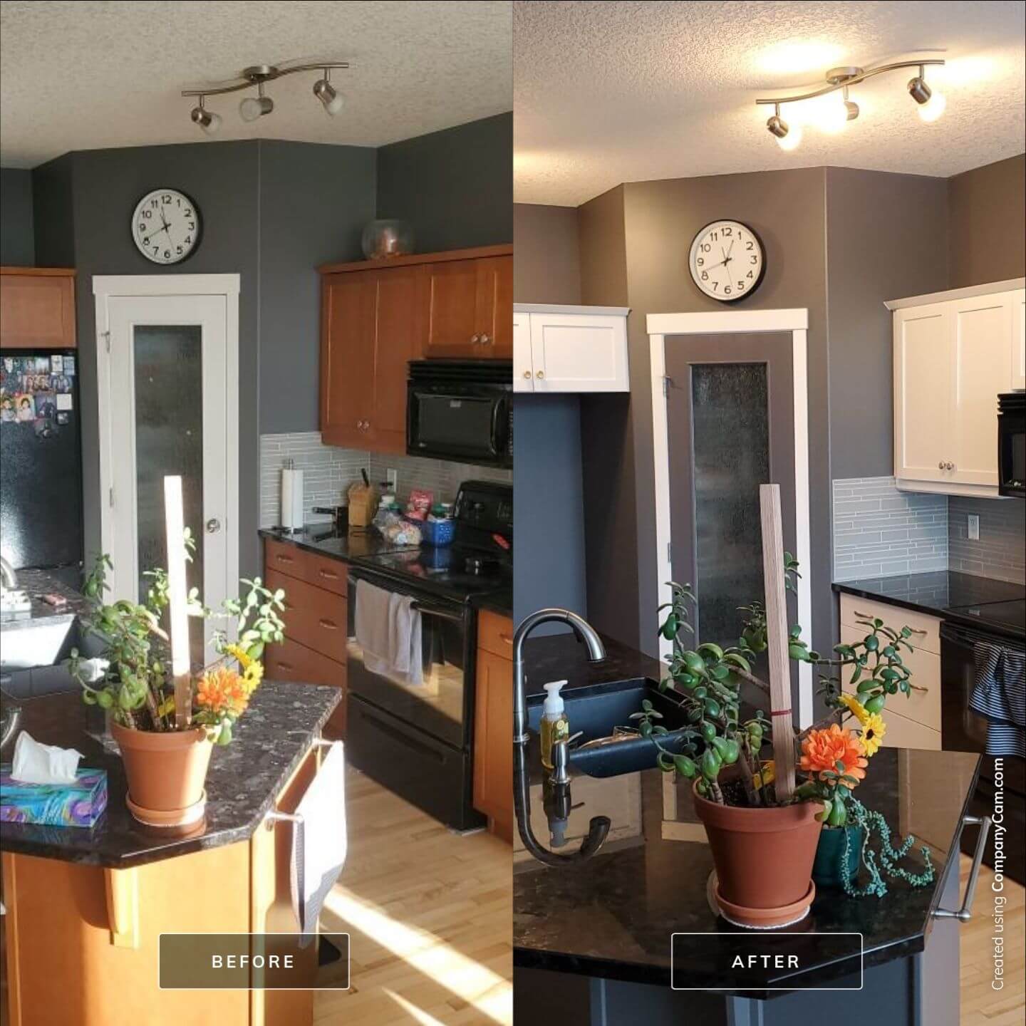 Before and after orange maple cabinets to modern white and grey