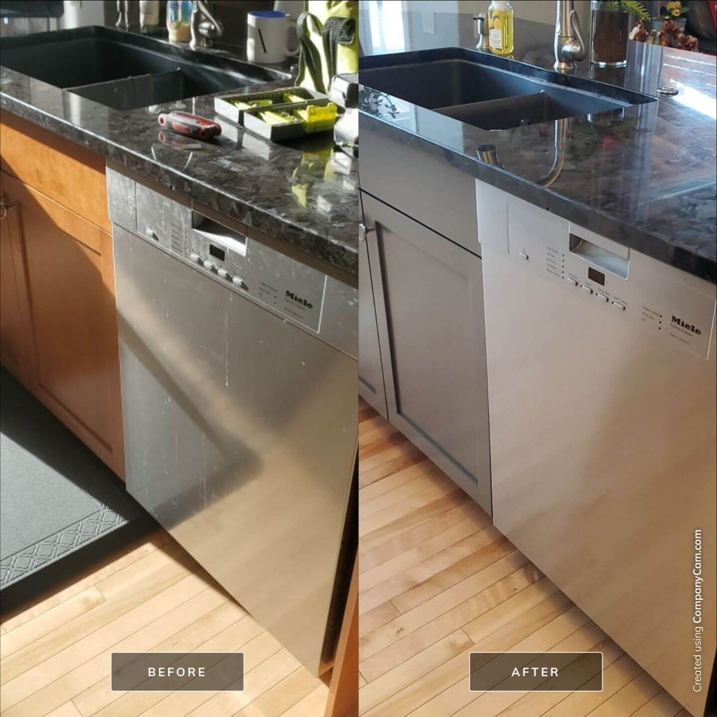 Before and after natural wood to sleek grey painted cabinetry