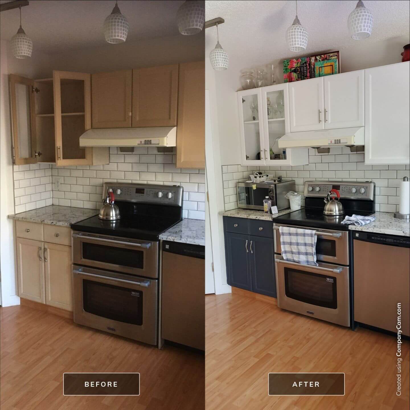 Before and after maple to painted white and navy accent cabinetry