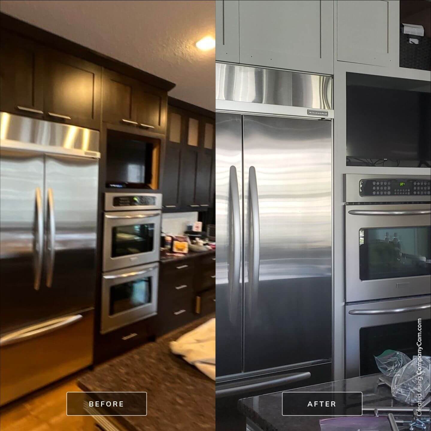 Before and After of the fridge tower - painted kitchen in Chapala Pointe