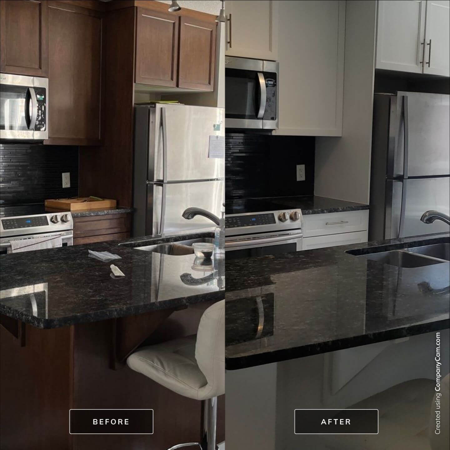 Before and after brown maple to cream white painted kitchen