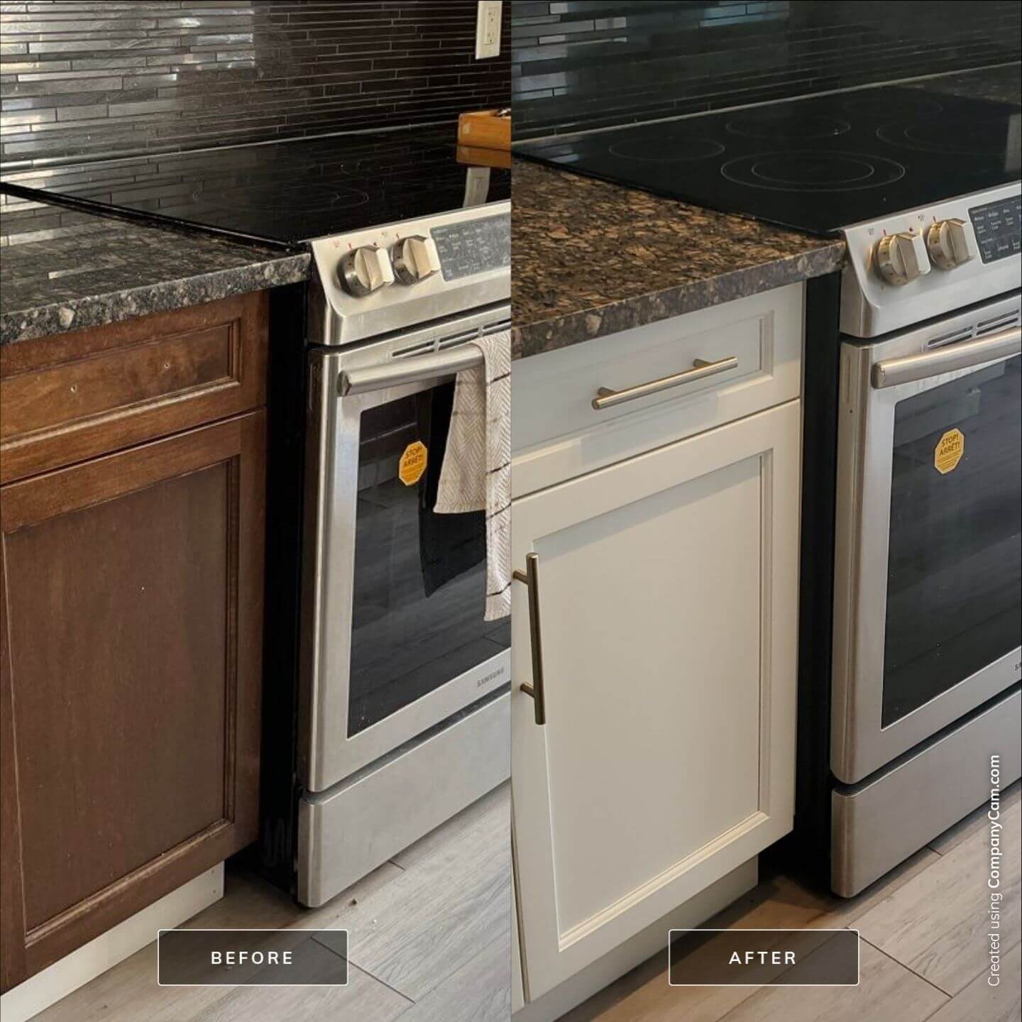 Dark stain to modern white painted kitchen