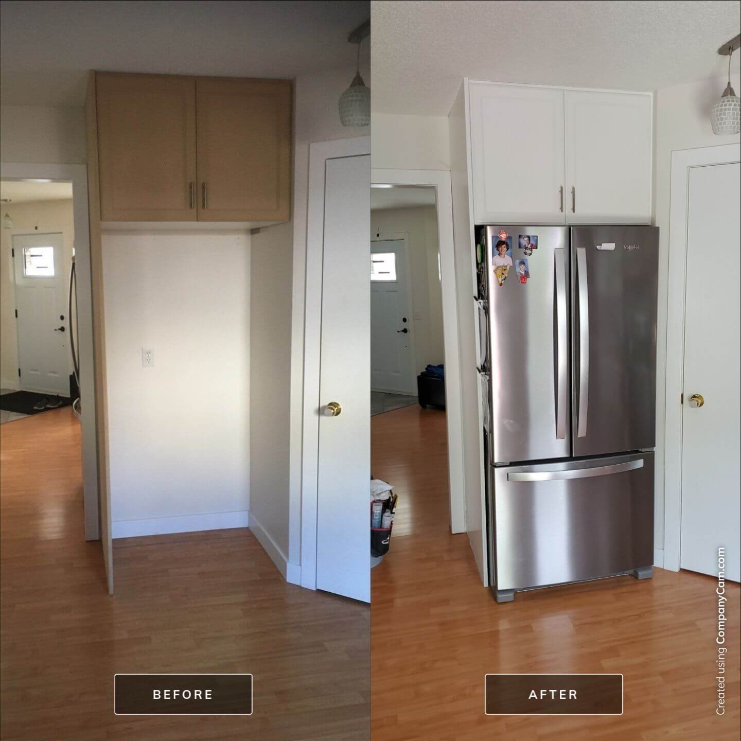 Natural wood to bright white painted fridge tower