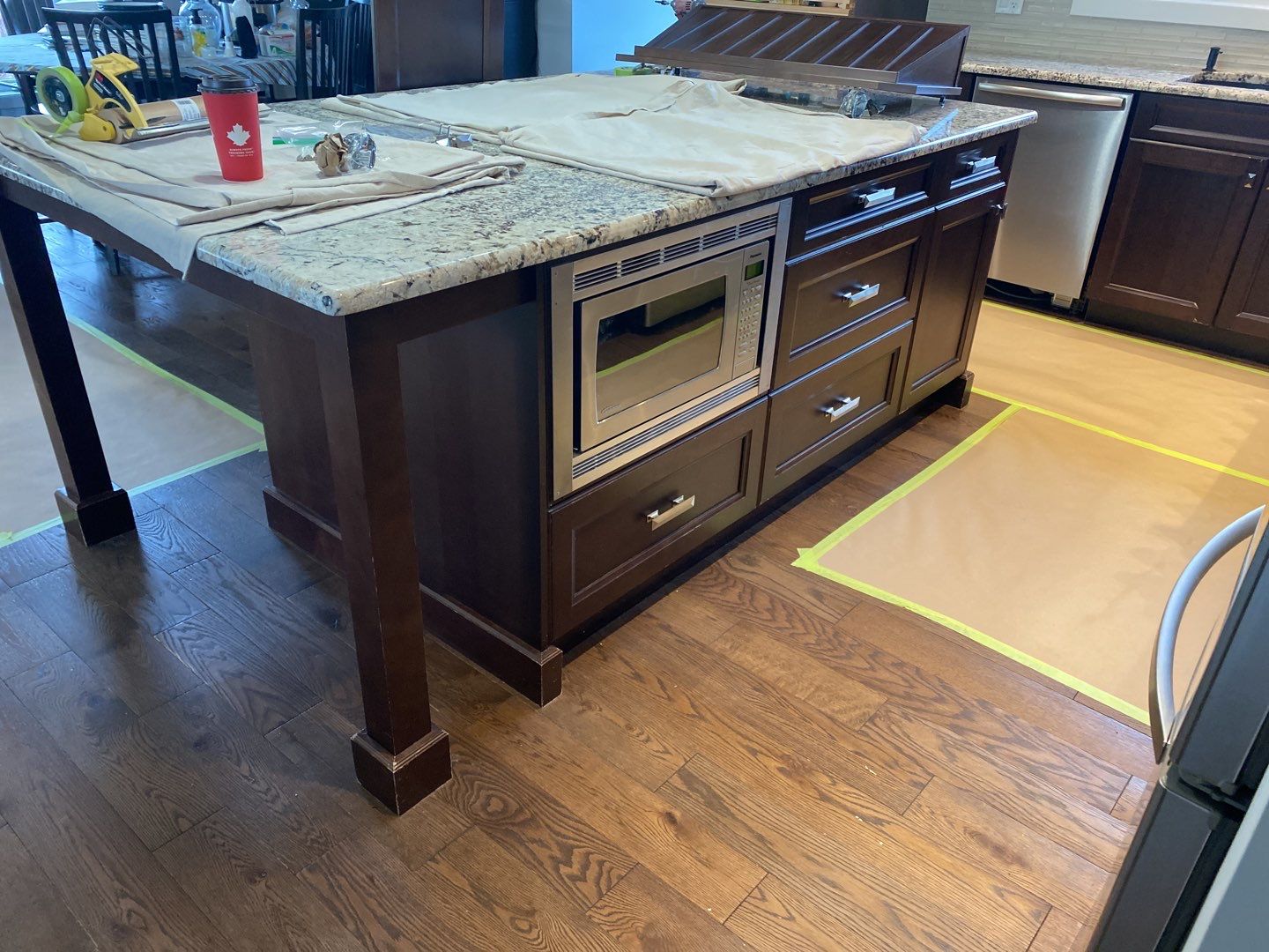 Brown Cabinets White Paint prep 13